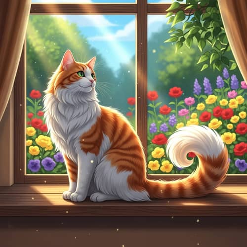 Colorful Long-Haired Cat by Window | Orange & White Cat Illustration
