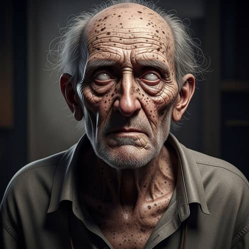 Eerie Realism: Frail Elderly Man with Blind Eyes and Sagging Skin