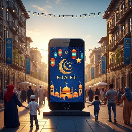 Giant Mobile Phone Celebrating Eid al-Fitr | Festive Street Scene