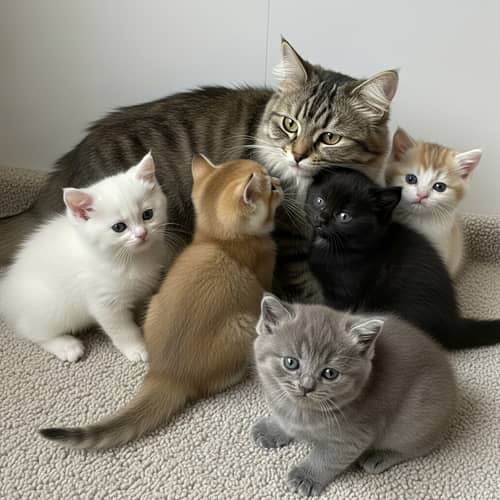 British Long Hair Kittens of Various Colors with Nurturing Mother Cat