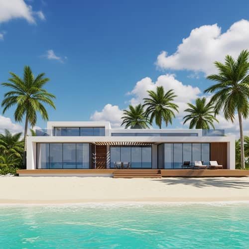 3D Beach House with Palm Trees and Sunny Sky