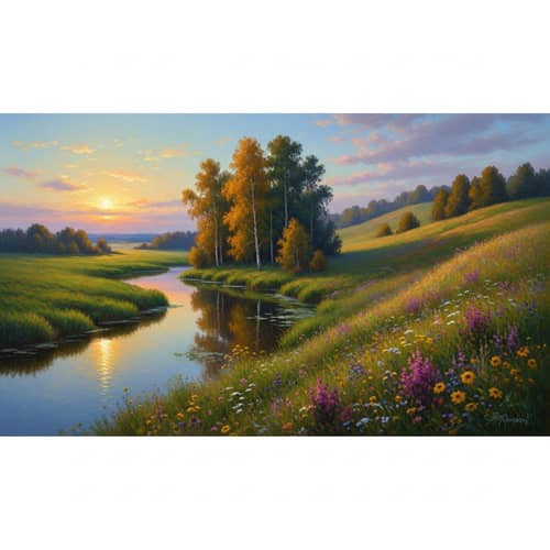 Enchanting Landscapes: Tranquil River, Rolling Hills, Vibrant Wildflowers