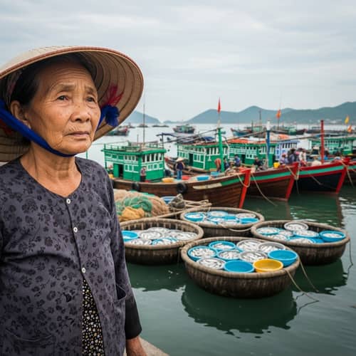 Elderly Vietnamese Woman Contemplating at Harbor | Freeing Live Fish