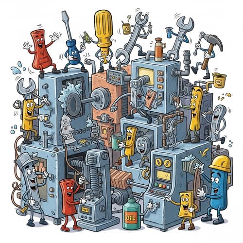 Whimsical Preventive Maintenance Image with Tools and Machines