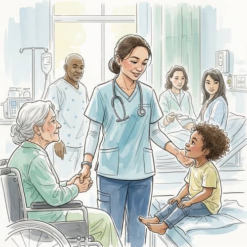 Compassionate Nurse Caring for Diverse Patients - Watercolor Painting