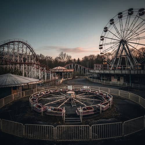 Abandoned Amusement Park at Dusk: Desolate Scenes and Forgotten Delights