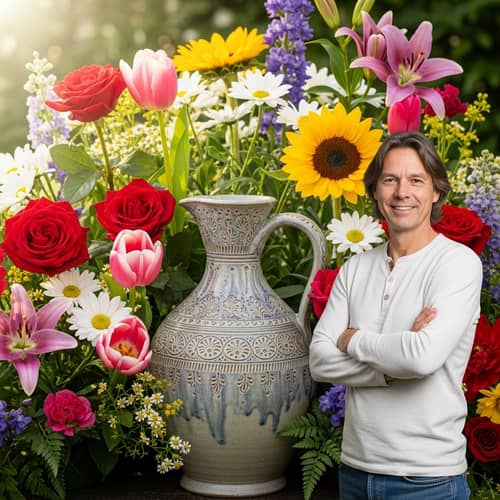 Exquisite Ceramic Jug Surrounded by Diverse Flowers | Teebabs