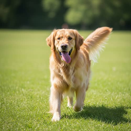 Happy Golden Retriever Frolicking in Vibrant Meadow