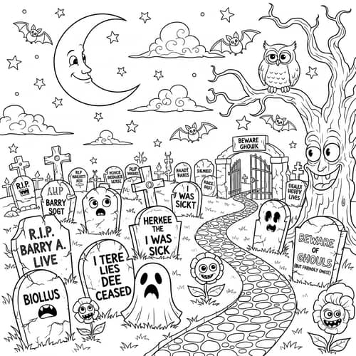 Whimsical Graveyard Coloring Page - Cartoon Style Fun
