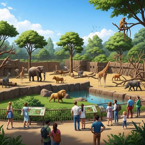 Vibrant Daytime Zoo Scene with Diverse Animals and Visitors