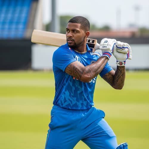 Fit Cricket Player in Blue Jersey with Bat | Unique Tattoos