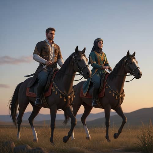 Ancient Kurdish Horse Riders in Traditional Attire