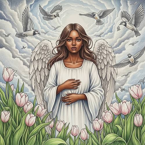 Dark-Skinned Female Angel with Long Brown Hair Surrounded by Clouds and Birds