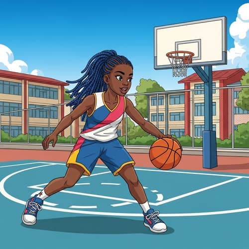 Energetic Nigerian Girl Playing Basketball on Vibrant School Court