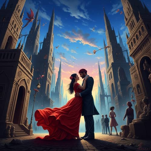 Surreal Cityscape Illuminated by Twilight | Young Couple Embracing