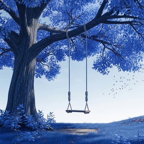 Whimsical Blue Tree with Swinging Wooden Seat in Nature