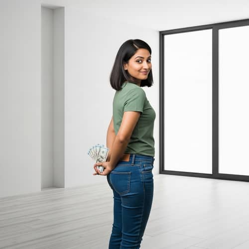 Secretly Concealed Money Surprise: South Asian Woman in Minimalistic Room