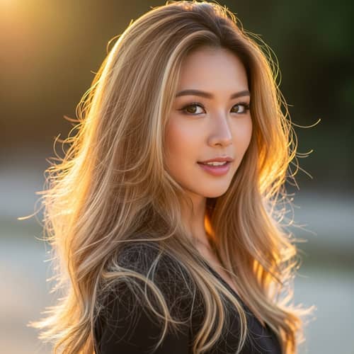Serene East Asian Woman with Lustrous Blonde Hair | Outdoor Portrait