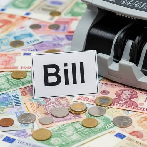 Bill Sign amidst Currency & Counting Machine