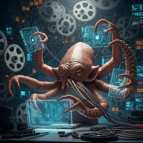 Intriguing Cephalopod-Like Creature in a Web of Mechanical Gears