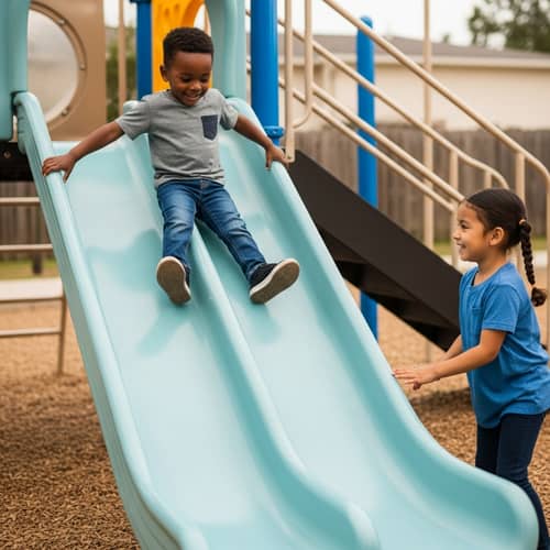 Joyful Black Kindergarten Boy Sliding Down Slide | Latino Girl Waiting