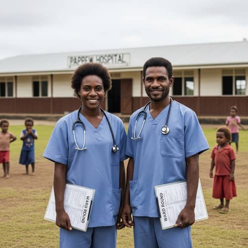 Melanesian Doctor and Nurse in Papua New Guinea Village