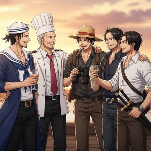 Joyous Gathering of Nami, Sanji, Luffy, Usopp and Zoro After Long Time