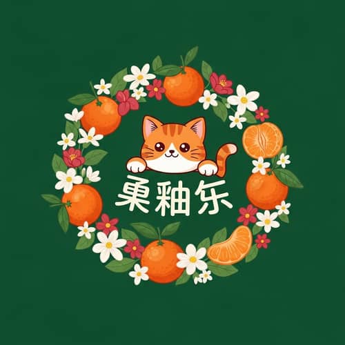 Orange Cartoon Cat with Tangerines and Flowers Logo