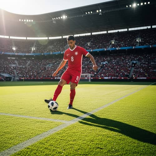 Hispanic Football Player #8 in Red Uniform on Field
