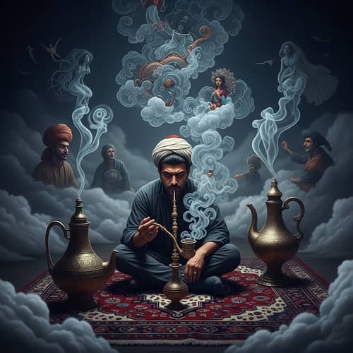 Surreal Middle-Eastern Man Amid Smoke: Fantasy Dream Scene