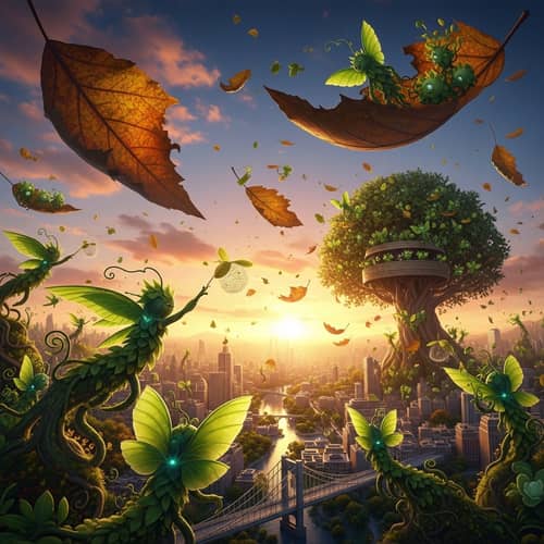 Green Plant-Like Creatures Saving the World from Falling Leaves