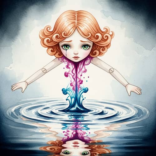 Surreal Watercolor Painting: Ethereal Doll Descending into Reflective Puddle