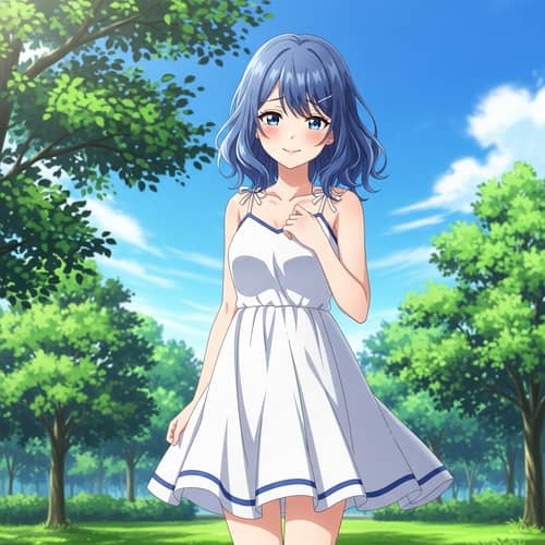 Young Woman with Blue Hair in White Sundress - Summer Setting