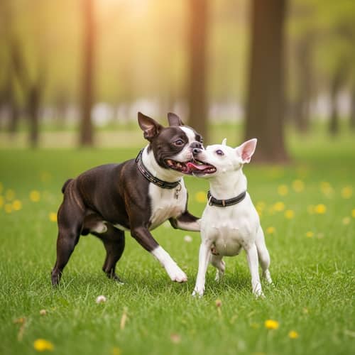Boston Terrier Playing with White Miniature Pinscher in Grass Park