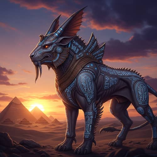 Ancient Egyptian Mythical Creature: Deity-Inspired Entity in Desert Landscape