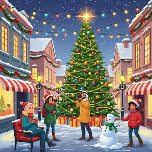 Magical New Year Celebration with Festive Streetscape and Multicultural Characters