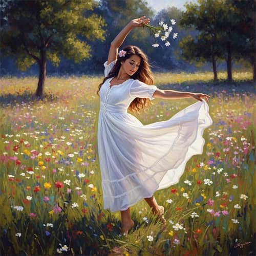 Young Woman Dancing in Field of Wildflowers | Tranquil Impressionist Scene