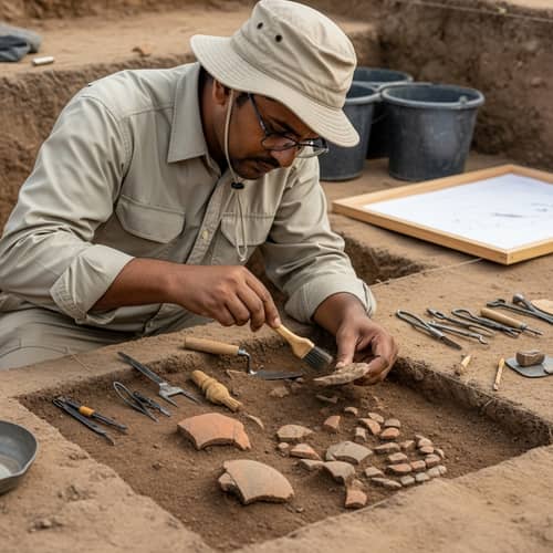 Experienced South Asian Male Archaeologist Unearthing Artifacts