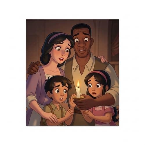 Worried Disney-Style Family with Candle | Urgent Familial Scene