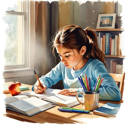 Hispanic Girl Doing Schoolwork at Desk - Watercolor Painting Style