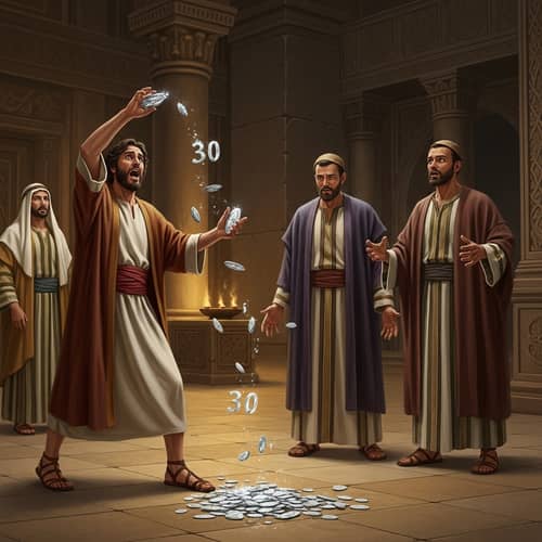 Biblical Illustration of Judas Tossing Silver: Ancient Israel Scene