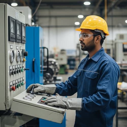 Experienced South Asian Factory Worker Operating Industrial Machinery