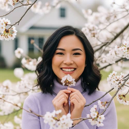 Cheerful Asian Woman with Cherry Blossom in High-Res Portrait