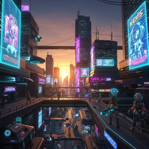 Futuristic Cityscape at Sunset - Cyberpunk Aesthetics & Advanced Technology