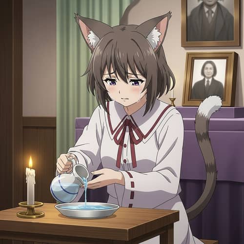 Melancholic Neko Anime Catgirl Performing Honoring Ceremony