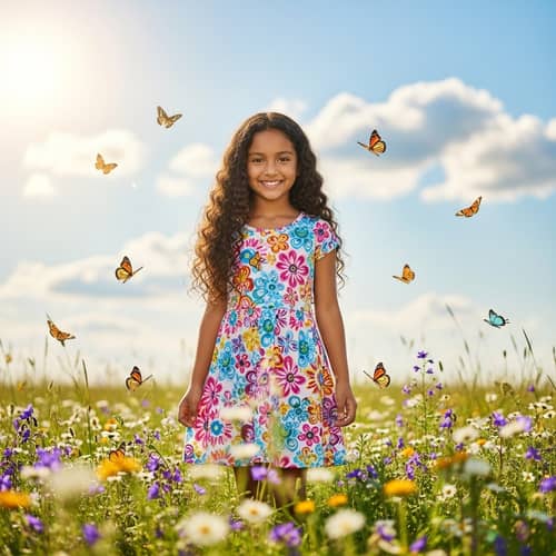 Stunning Hispanic Girl in Colorful Summer Dress Among Wildflowers