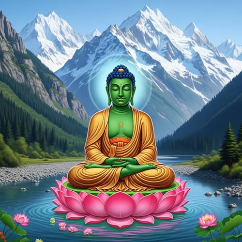 Meditating Buddha Surrounded by Snow-capped Mountains