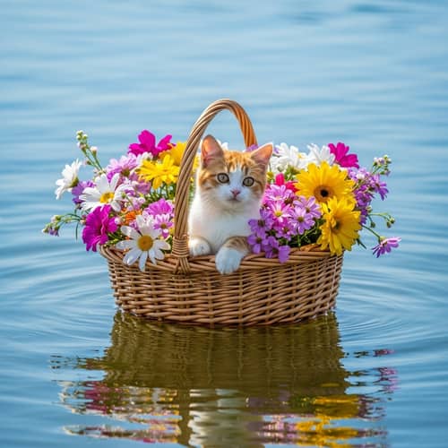 Adorable Cat in Flower-Filled Basket on Serene Lake