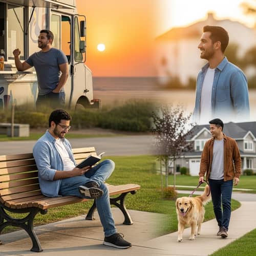 Diverse Men Sitting, Standing, Walking Outdoors Scene