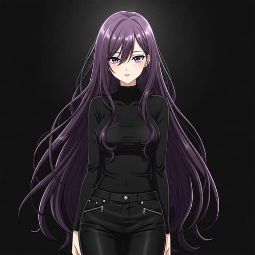 Dark Purple Hair Anime Girl in Black Outfit